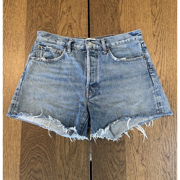 Agolde Parker Long Denim Shorts Women’s 29 High Rise Raw Hem Button Fly Stretch - Picture 1 of 10